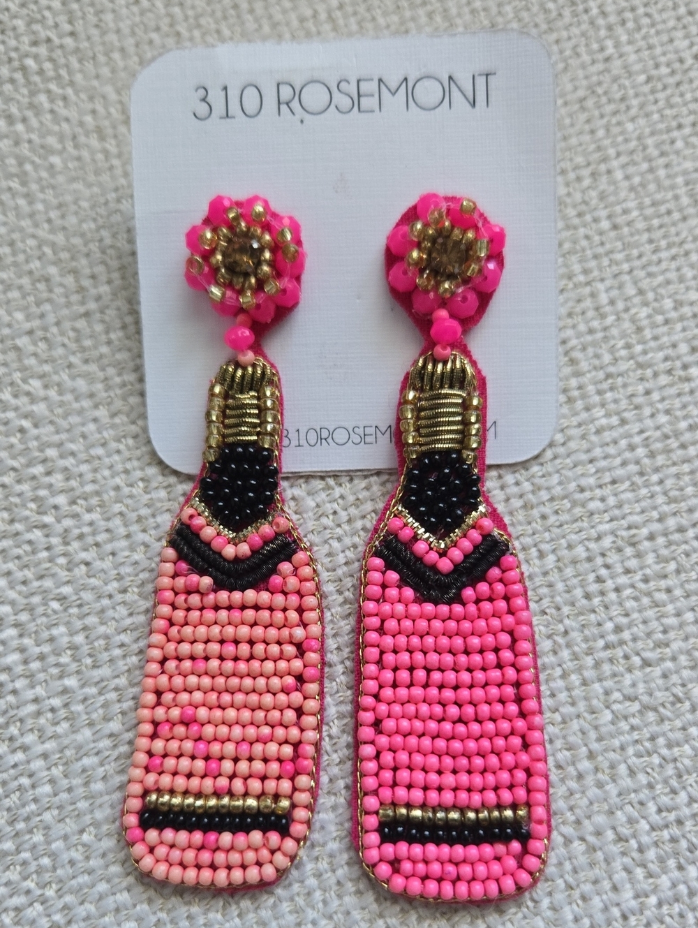 Champagne Bottle Pink Beaded Drop Earrings with Gold Accents